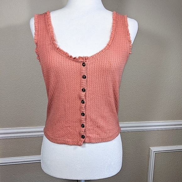 Peach Waffle Button Up Crop Tank Top - Picture 6 of 6